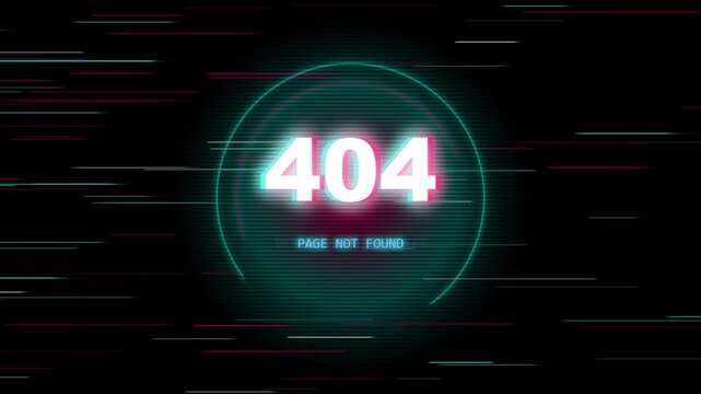 Digital 404 page not found error displayed in a glowing circular interface with binary particle effects.