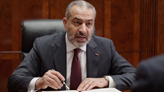 A male diplomat studies papers and speaks seriously to a counterpart across a formal meeting table. Careful preparation and accountable diplomatic negotiation
