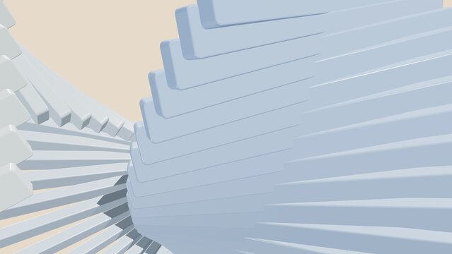 Spiral arrangement of light blue rectangular blocks against a pale beige background