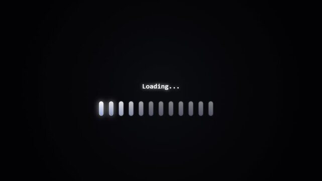 Digital loading animation with pixelated progress bar against a deep black background.