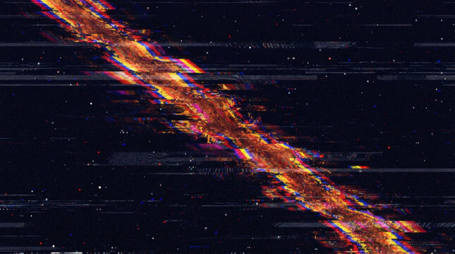 Diagonal glitch distortion pattern featuring vibrant orange blue and yellow colors over dark space