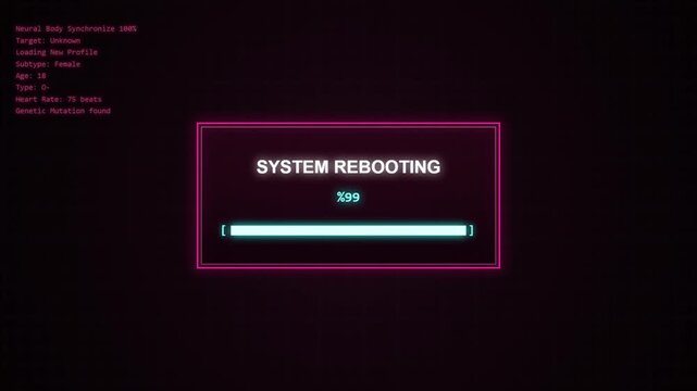 System rebooting notification screen displaying 'SYSTEM REBOOTING' with a progress bar and glowing pink interface elements.