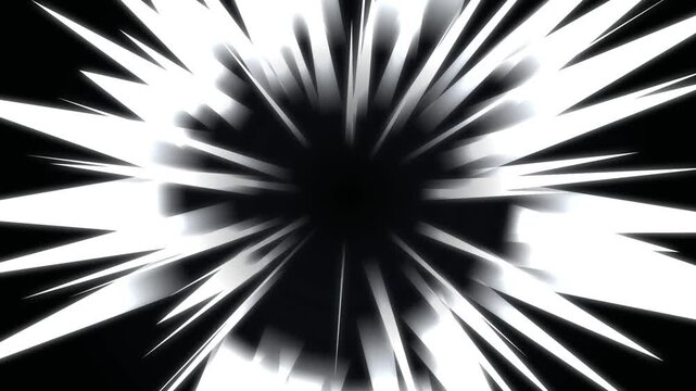 High-contrast radial explosion pattern with sharp geometric lines and dark gradient background.