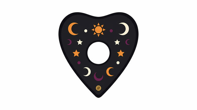 Heart shaped spirit board planchette with sun, moons and stars on black, Halloween occult style illustration for mystical designs and spooky party decor
