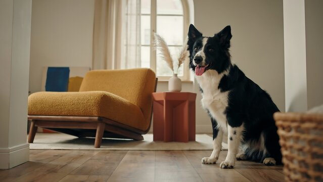 Black-and-white border collie sitting attentively on wooden floor in bright modern living room, mustard armchair and soft natural light from window