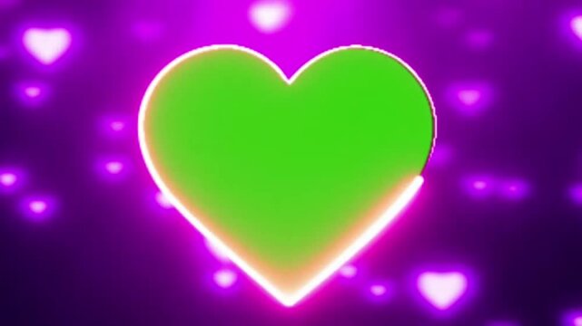 Glowing neon pink heart shape frame border with soft lights on a chroma key green screen