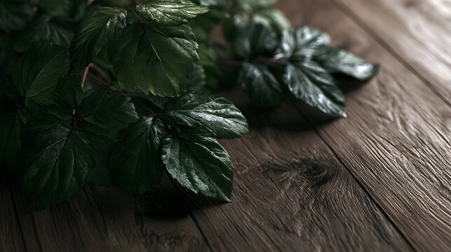 Dark green leaves rest on a weathered wooden surface  showcasing natural textures and earthy tones in a minimalist composition