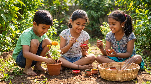 Children planting flowers and performing traditional dance outdoors