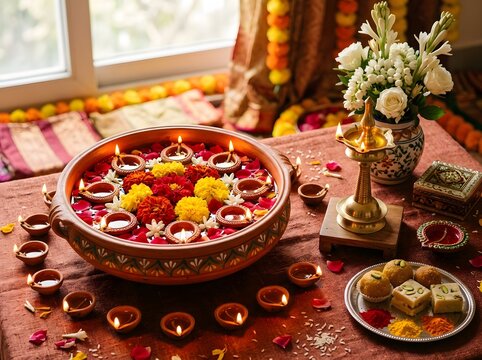Diwali celebration with floating oil lamps and marigold flowers on a table