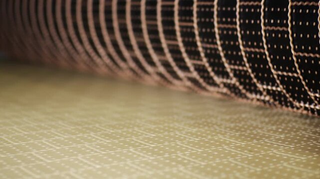 Close-up of cracker dough being shaped into rectangular biscuits with perforations and patterned edges on an industrial production line. Automated manufacturing of crispy snacks.
