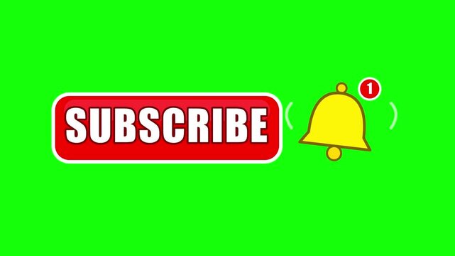 Subscribe button animation with ringing bell icon, red follow lower third on green screen, social media notification overlay
