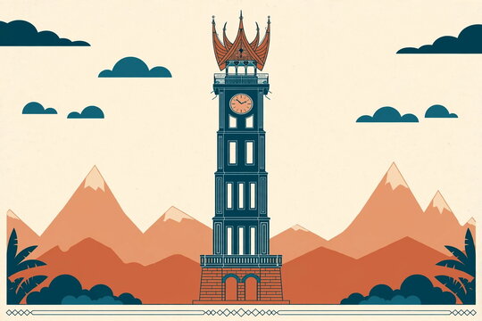 Jam Gadang clock tower Bukittinggi flat vector, Minangkabau landmark travel poster