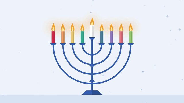 White and blue Hanukkah menorah with candles lighting one by one