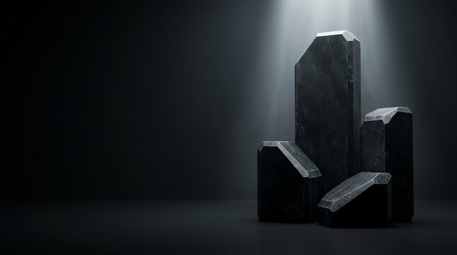 Black stone monoliths on dark floor for product display with dramatic spotlight and empty space