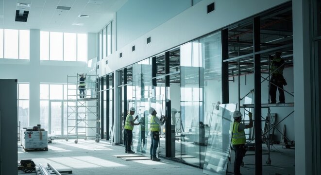 Construction workers installing glass walls in a modern office building interior daylight safety equipment