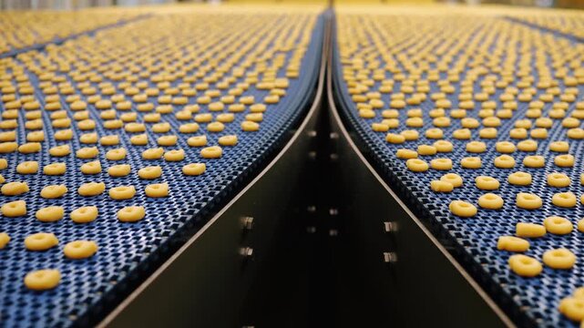 Hundreds of traditional Italian taralli snacks move in rows along two large conveyor belts at a food factory. Industrial production of ring-shaped baked goods on an automated line.