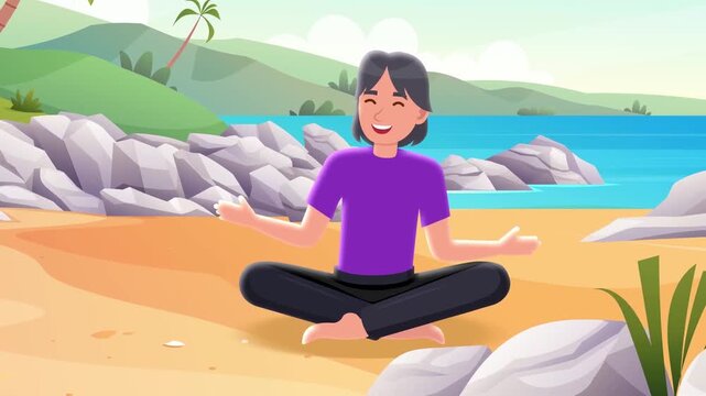 Peaceful woman meditating in lotus pose on tropical beach sand during sunny day vector animation footage clip