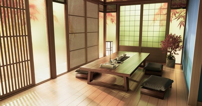 blue room Autumn concept on Living room Japanese style with blue wall with wooden flooring and table low japan Evokes a sense of warmth, fall background. 3d rendering