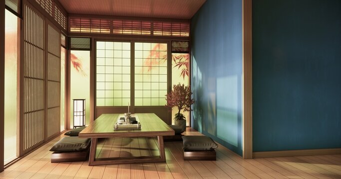 blue room Autumn concept on Living room Japanese style with blue wall with wooden flooring and table low japan Evokes a sense of warmth, fall background. 3d rendering