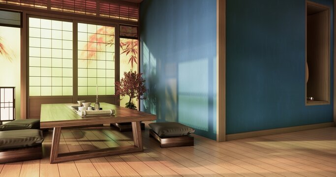 blue room Autumn concept on Living room Japanese style with blue wall with wooden flooring and table low japan Evokes a sense of warmth, fall background. 3d rendering