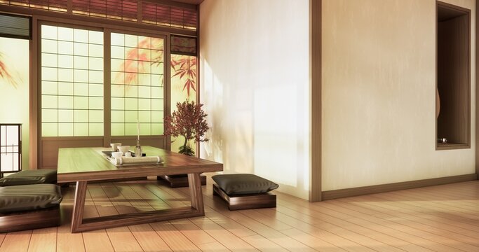 Autumn concept on Living room Japanese style with white wall with table low japan Evokes a sense of warmth, fall background. 3d rendering