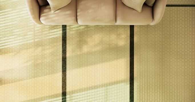 Japanese room viewed from above with sofa set placed and decortion on tatami mat flooring ,sunlight streamed in room.3D rendering