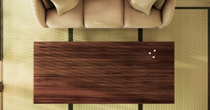 Japanese room viewed from above with sofa set placed and decortion on tatami mat flooring ,sunlight streamed in room.3D rendering
