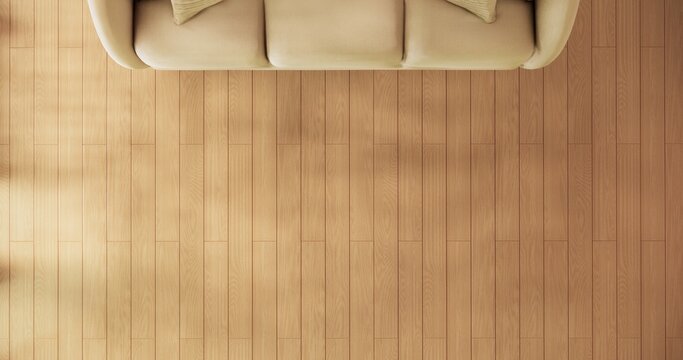 Japanese room viewed from above with sofa set placed on wood flooring and sunlight streamed in room.3D rendering