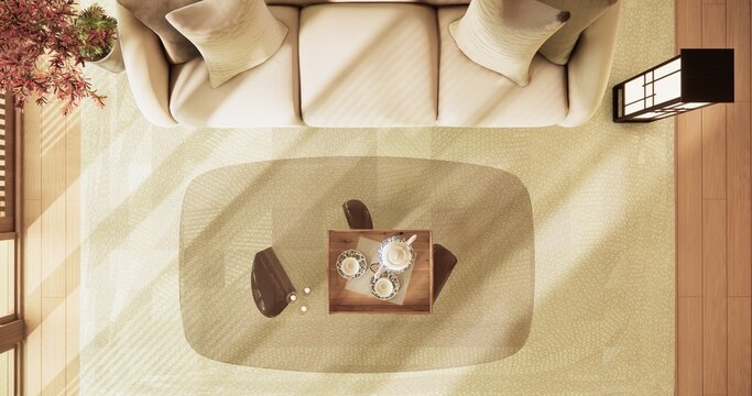 Japanese room viewed from above with sofa set placed on wood flooring and sunlight streamed in room.3D rendering