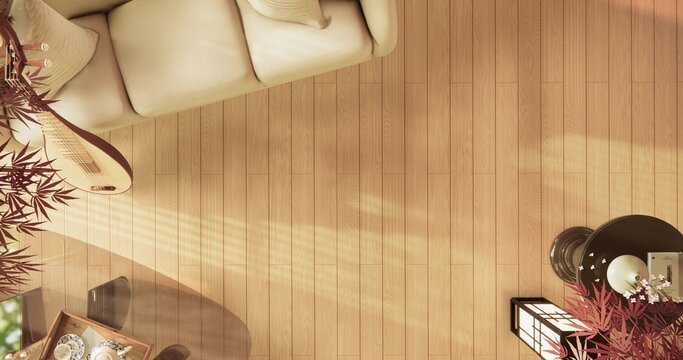 Japanese room viewed from above with sofa set placed on wood flooring and sunlight streamed in room.3D rendering