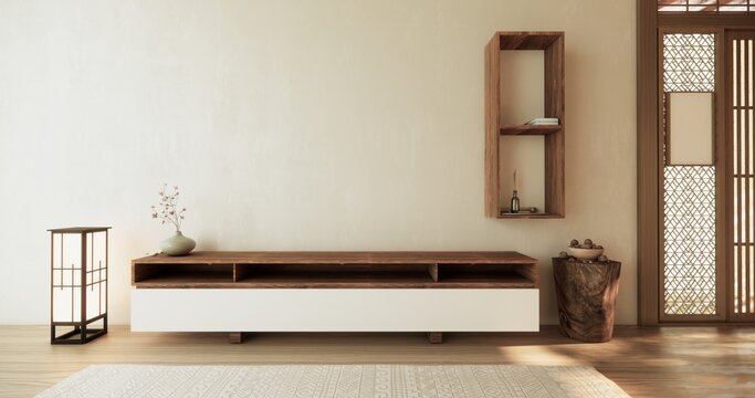 wooden cabinet in modern empty room and white wall on white floor room japanese style. 3d rendering