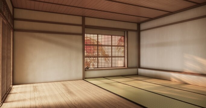Autumn concept on Japanese room with white wall with maple wood wall design Evokes a sense of warmth, fall background. 3d rendering