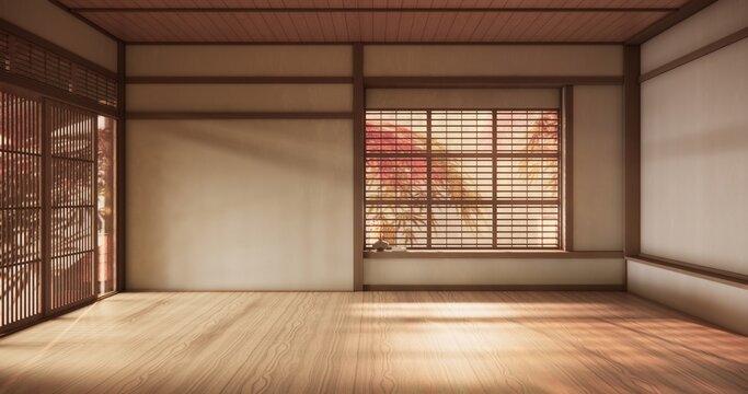 Autumn concept on Japanese room with white wall with maple wood wall design Evokes a sense of warmth, fall background. 3d rendering