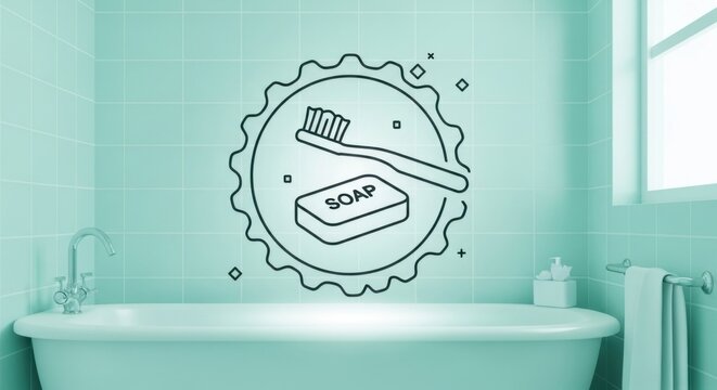Clean Bathroom Hygiene Toothbrush Soap and Bathtub in Mint Green Tiling Oral Care Concept