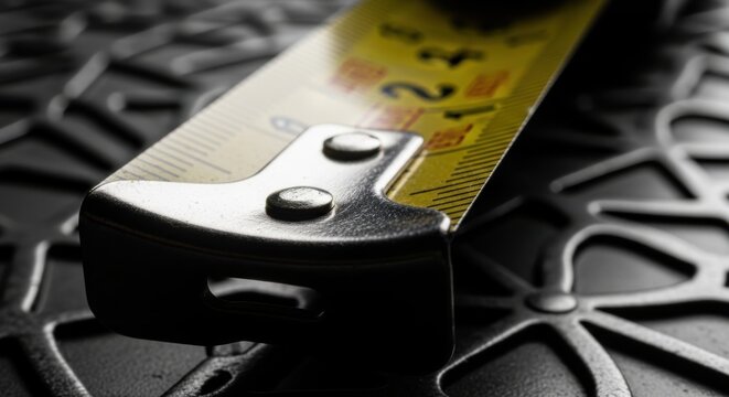 Close up of a yellow measuring tape with metal markings on a textured dark background highlighting precision and tools