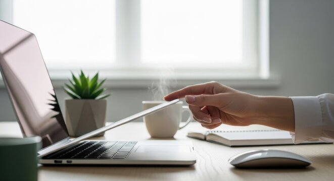 Close up of hand opening laptop with steam rising from coffee cup productive home office setup with plant and notebook