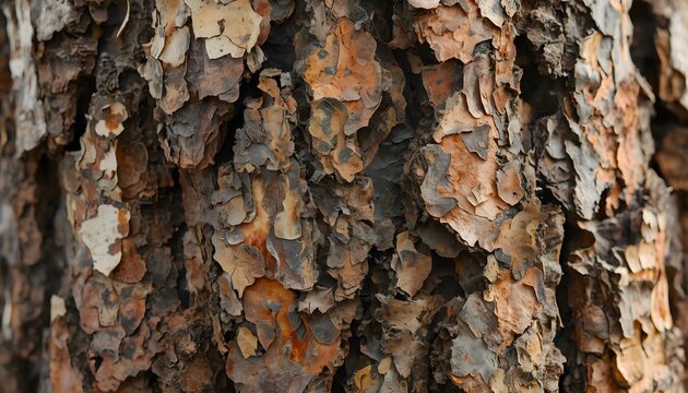Close up of rough weathered pine bark with orange and gray flaking