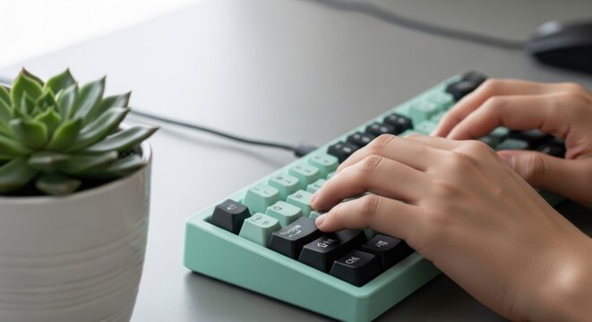 Close up of hands typing on a mint green mechanical keyboard next to a succulent plant on a desk