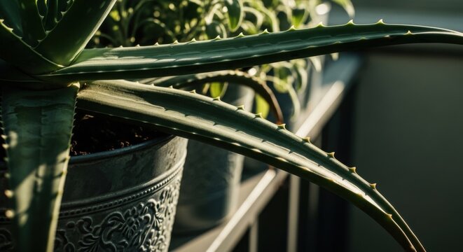 Close up of lush green aloe vera plant leaves in textured pot natural light soft focus background