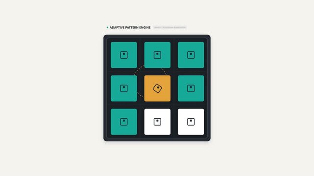 A clean geometric motion graphic illustrating an AI-inspired pattern recognition and adaptive processing workflow. A structured field of data modules is analyzed, one inconsistent element is identifie