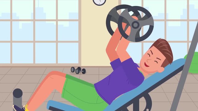 Man lifting weights on incline bench in gym animation motion footage clip