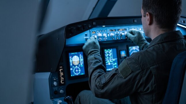 Pilot operating flight simulator controls inside a realistic cockpit training facility for aviation cadets.