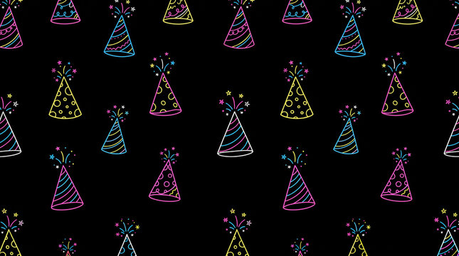 Seamless pattern with colorful party hats on a black background, festive birthday celebration design