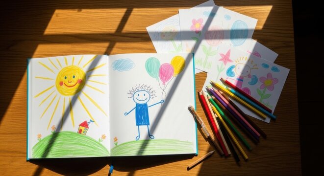 Childrens Artwork Open Sketchbook with Drawings of Sun House Balloons and Crayons on Wooden Table