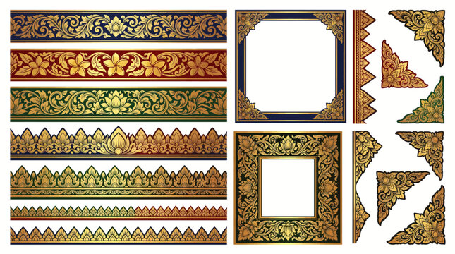 Balinese Prada Gold Leaf Floral Textile Vector Frame Border