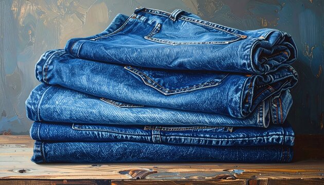 Stack of folded blue denim jeans, casual apparel concept
