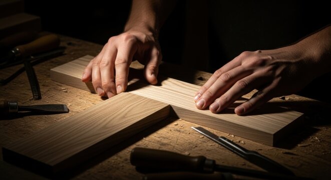 Carpenters Hands Crafting Wood Joints with Chisels on a Rustic Workbench Close up Detail