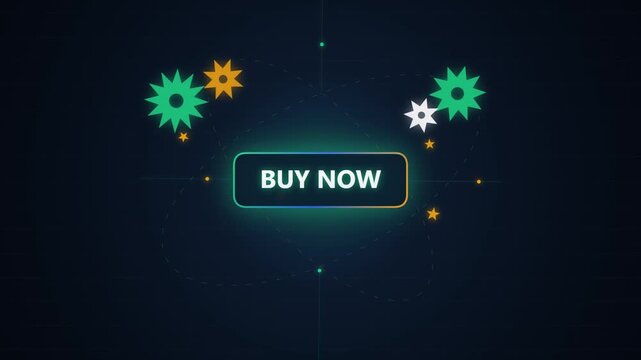 Bright green explosion icons surround a bold blue 'Buy Now' button for high-energy e-commerce promotions.