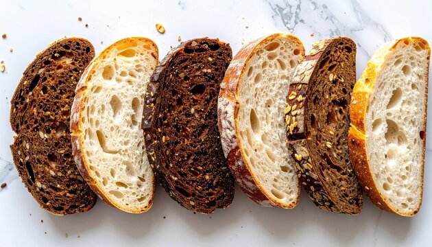 Row of multigrain sourdough bread slices, rustic bakery ingredient