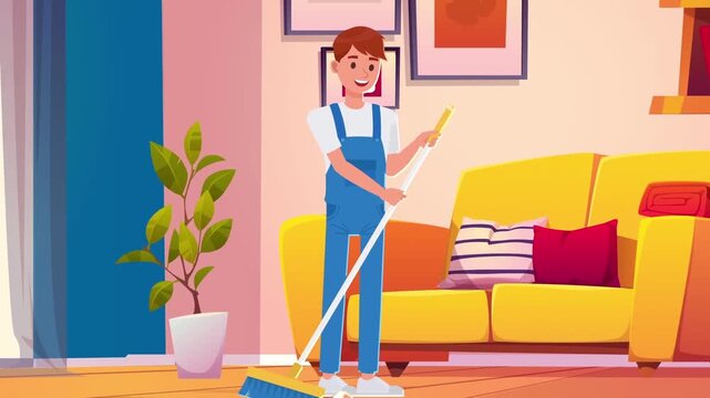 Smiling young man in blue overalls happily sweeping the hardwood living room floor with broom video footage